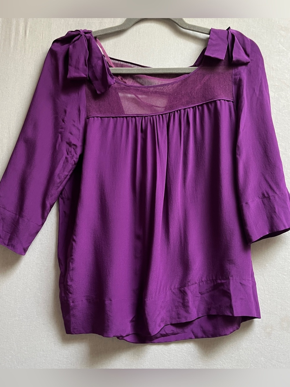 100% Silk Women's Purple Bow Shoulder Blouse Top S